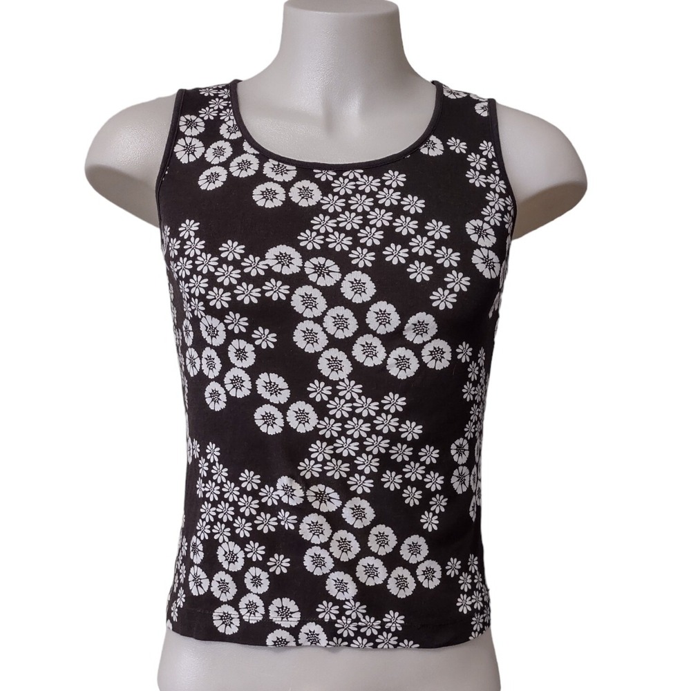 White Stag Tank Top Women's Small 4-6 Brown With White Floral Cotton Scoop Neck